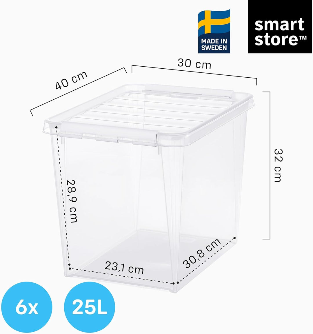 SmartStore Aufbewahrungsbox mit Deckel gross 25 L – 6 transparente und stapelbare Plastik Boxen mit