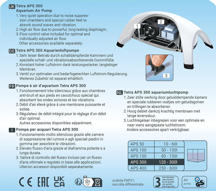 Tetra APS 300 Aquarium Luftpumpe - leise Membran-Pumpe für Aquarien von 120-300 L, weiss Weiss APS 3