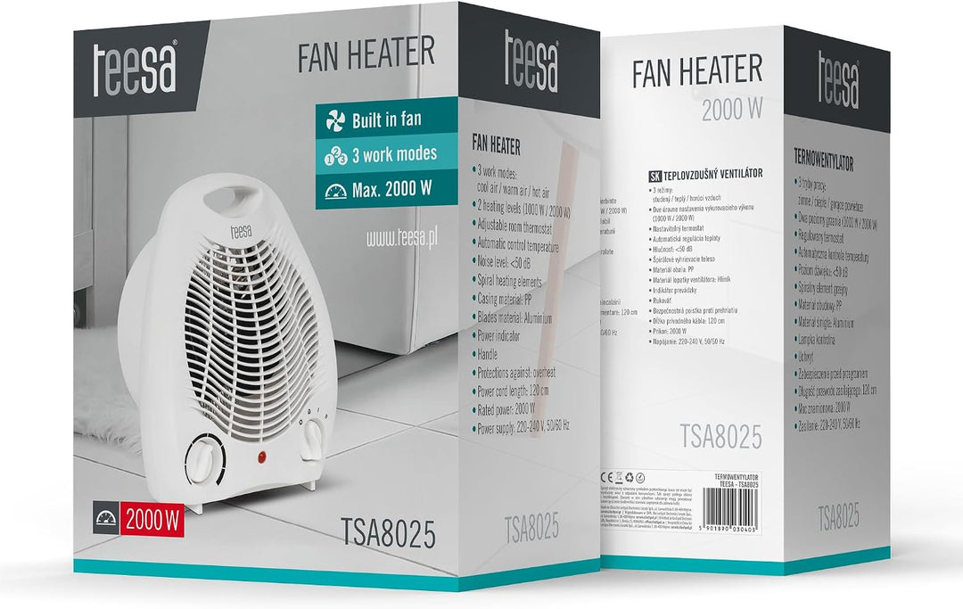 Teesa TSA8025 Heizlüfter 3 Funktionsmodi, 2 Heizstufen (1000W, 2000W), einstellbarer Thermostat, Übe