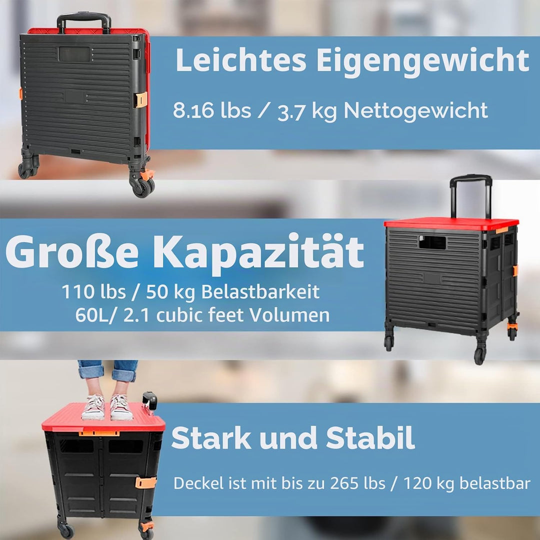 Wagen Faltbar mit Rädern, 1,93Cu ft/100Lbs Edelstahl mit Hoher Kapazität Robuster und Langlebiger Ei