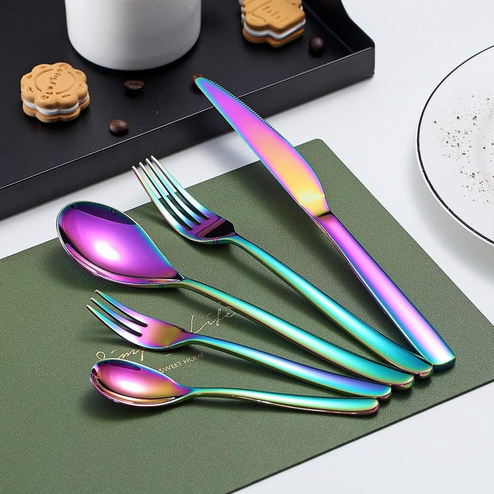 HOMQUEN 30 Stück Regenbogen Besteck Set, Regenbogen Besteckset aus Edelstahl, Regenbogen Titanbeschi