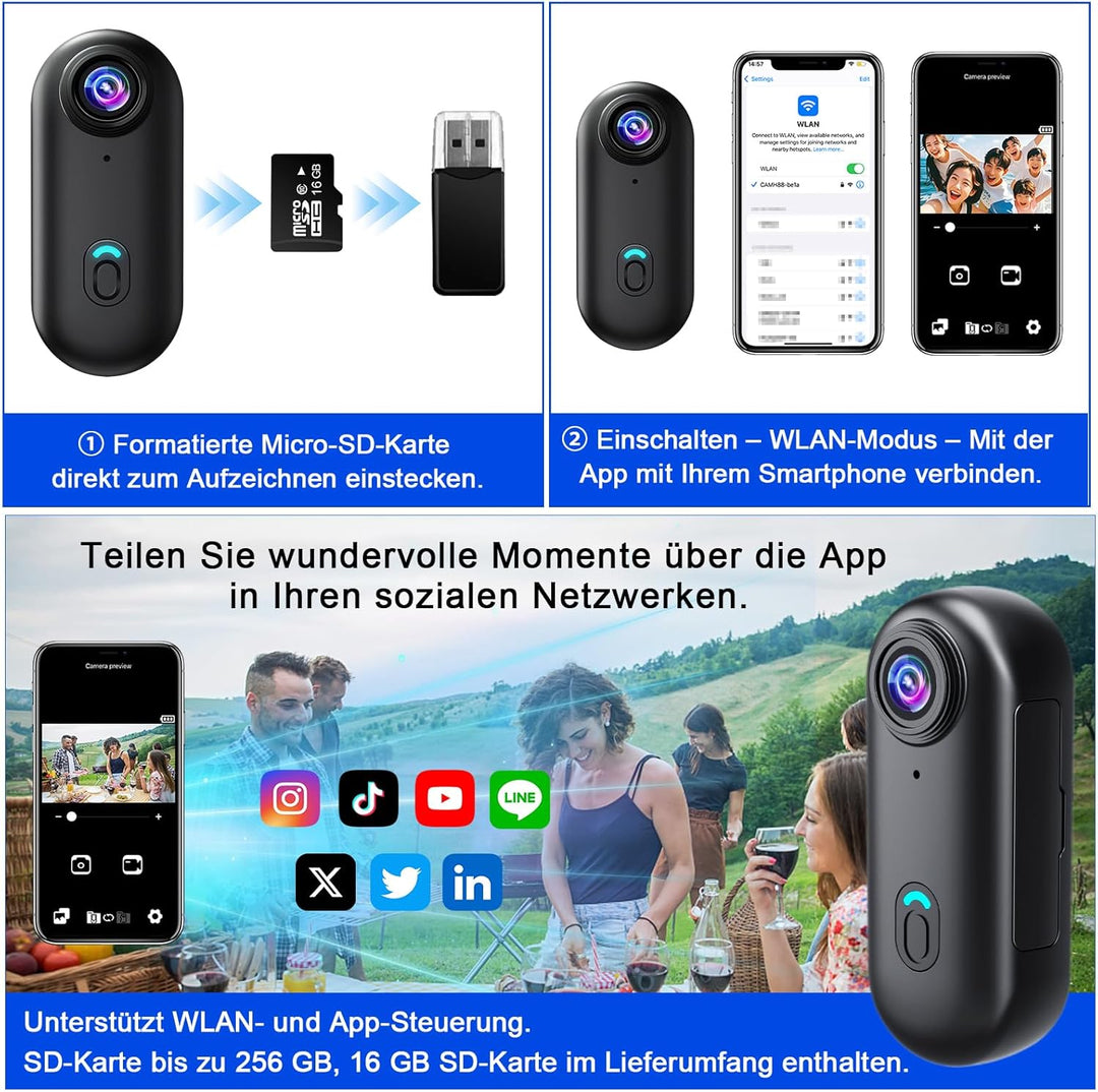 Action Kamera WiFi 4K, wasserdichte Sport-Mini-Actionkamera, Mini-Körperkamera, Kleine Action-Kamera