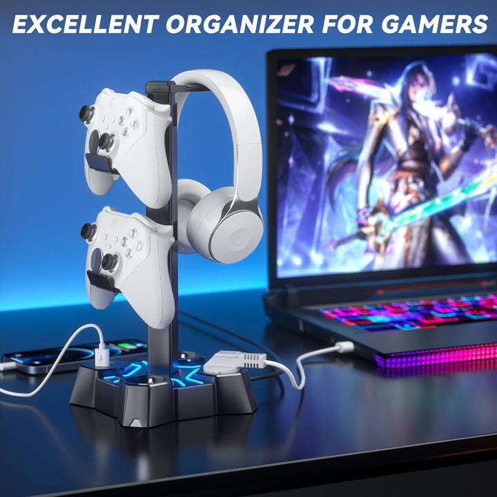 KDD Headset Halterung Led mit USB Ladestation, Controller Halterung & Kopfhörer Ständer Tisch mit 2