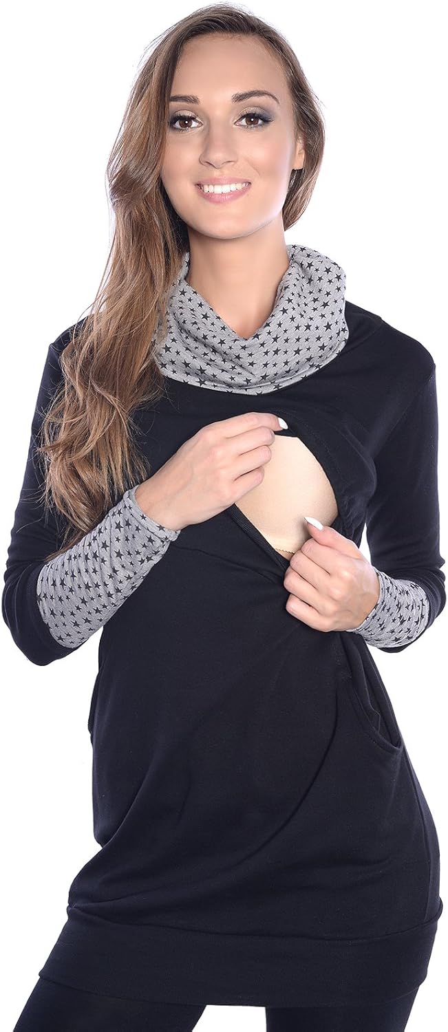 Mija - 2 in1 Stillpullover & Umstandspullover Stilltop Still-Pulli Maddy 7115A S Schwarz / Sterne, S