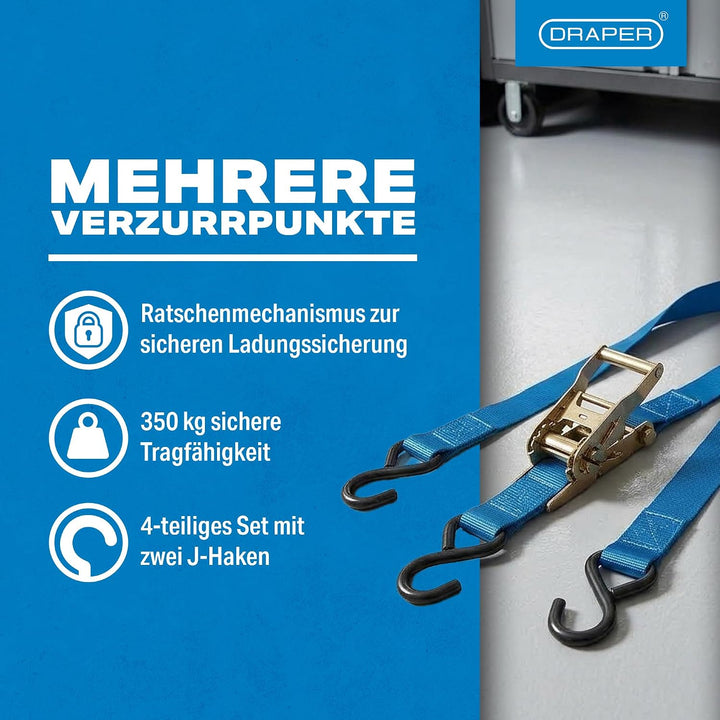 DRAPER rtdsb/4 375 kg Ratschenmechanismus Tie Down Strap Set, blau, 4-tlg.