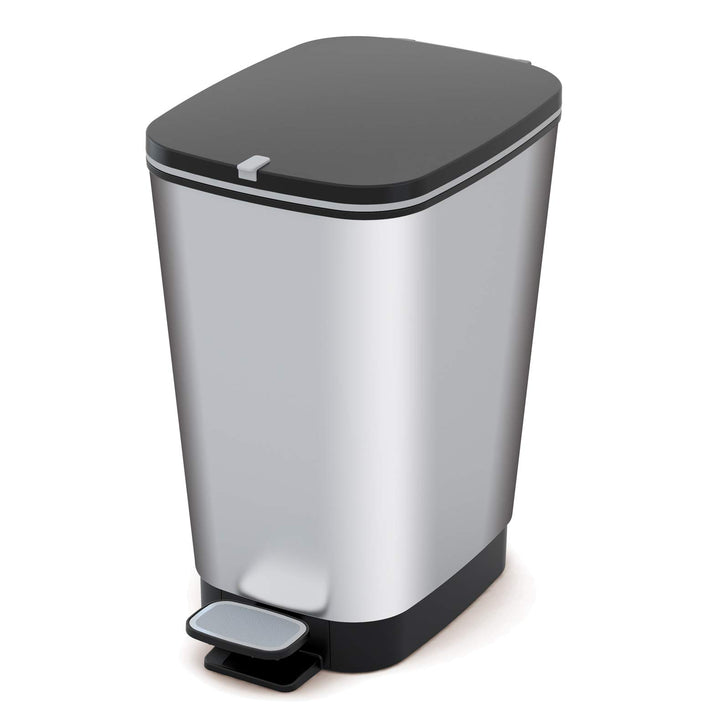 CURVER KIS Chic Bin Style Treteimer 45l mit Deckel und Pedal, Müllbeutelaufhängung, Silber metallic,