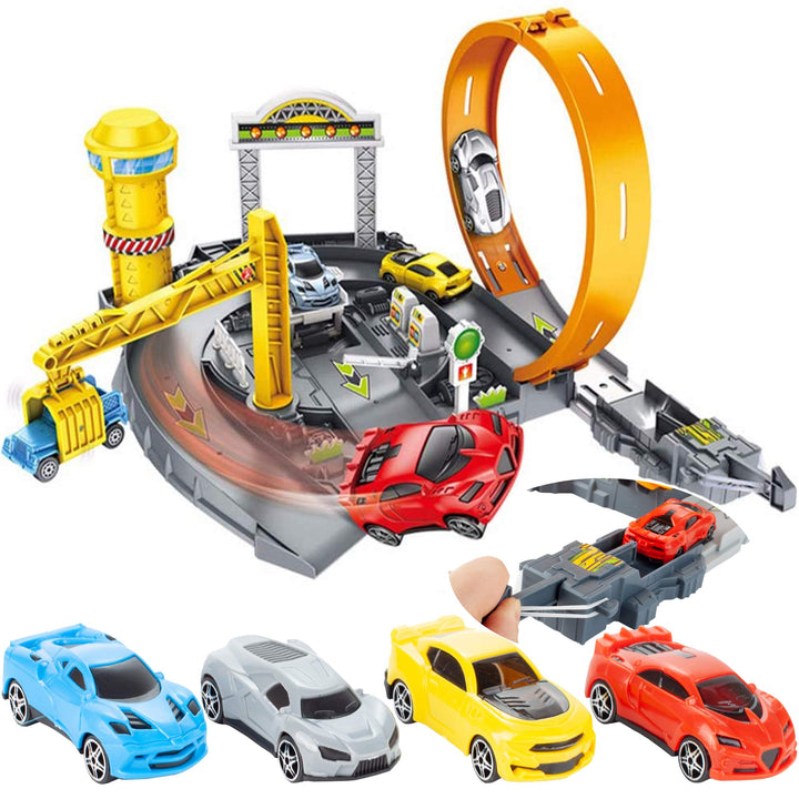 MalPlay Trackset Parkhaus für Kinder mit 4 Spielzeugautos | Rennbahn mit Looping Tracks | ab 3 Jahre