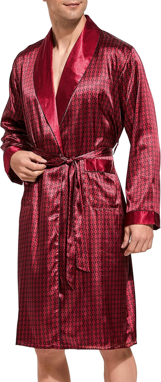 Herren Satin Bademantel, Leichter Seiden Langarm Bademantel mit Shorts Set, Spa Kimono Nachtwäsche X