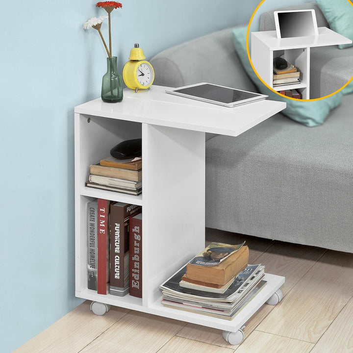 SoBuy® FBT48-W Beistelltisch mit Schlitz für iPad, Zeitungsständer Couchtisch Tisch mit Rollen weiss