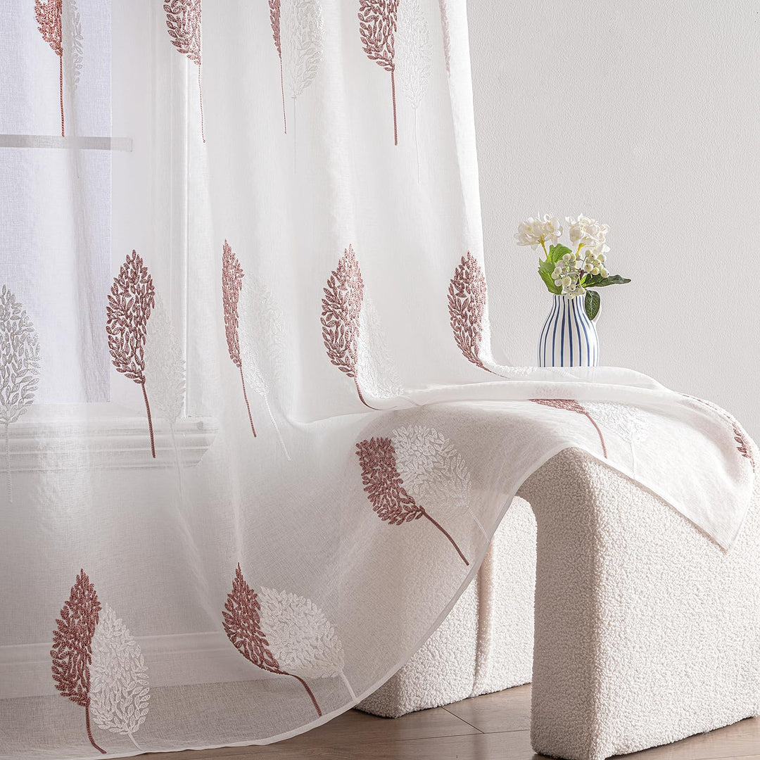 MIULEE Wohnzimmer Vorhänge Transparent mit Altrosa und Weiss Blätter Muster, Modern Stickerei Gardin