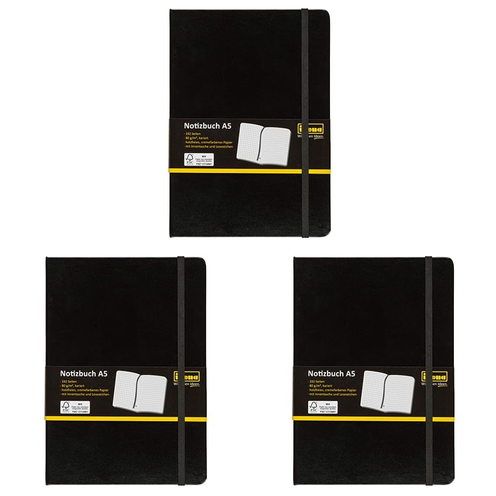 Idena 209281 - Notizbuch DIN A5, kariert, Papier cremefarben, 192 Seiten, 80 g/m², Hardcover in schw
