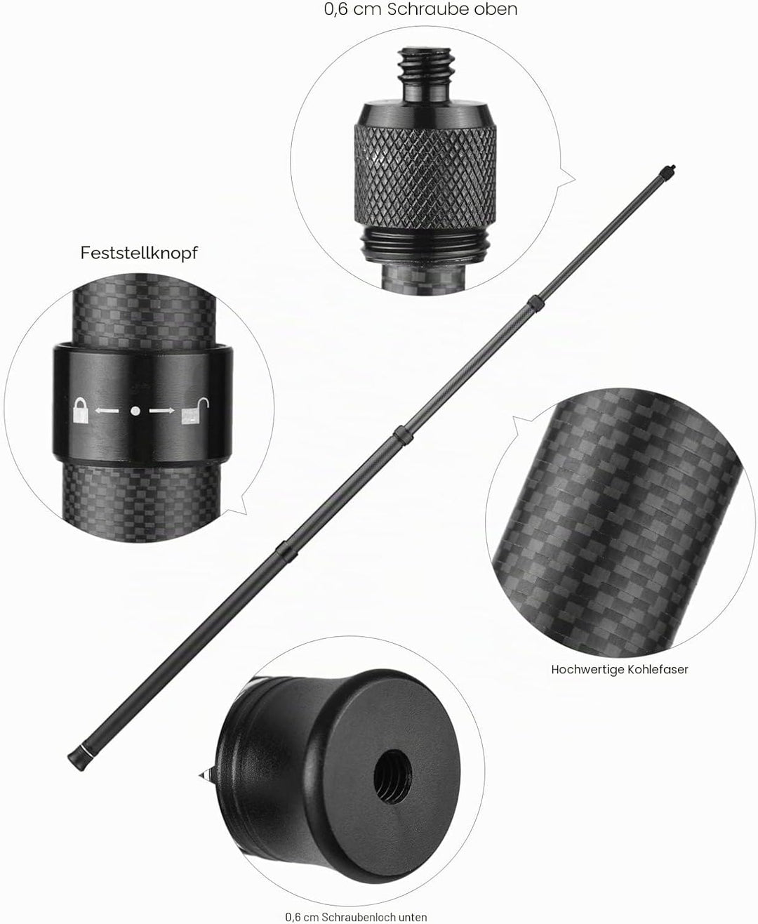 Andoer Einstellbare Verlängerungsstange, Kohlefaser Selfie Stick 1,5 m mit 1/4 Zoll Schraube für Ins