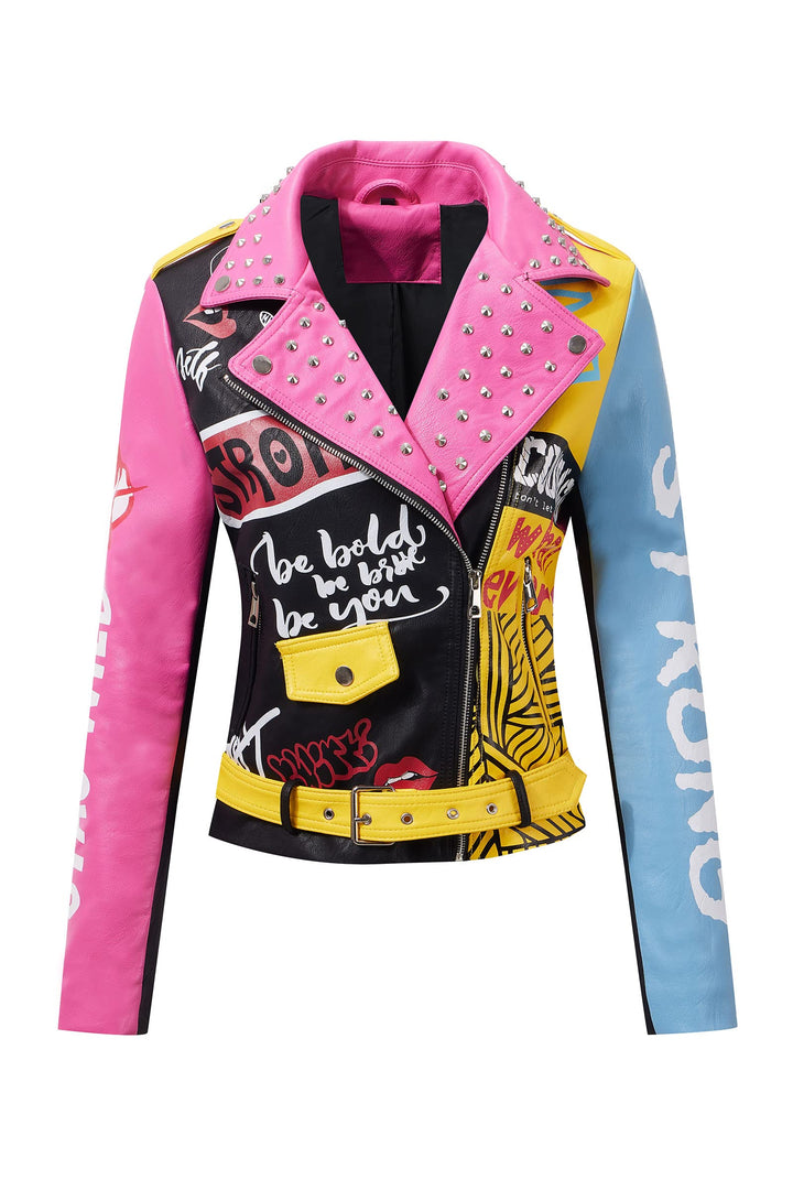 Giolshon Damen Kunstleder Jacke Nieten Floral Moto Biker Kurzer Revers Mantel 3XL 0375_Rosa, 3XL 037