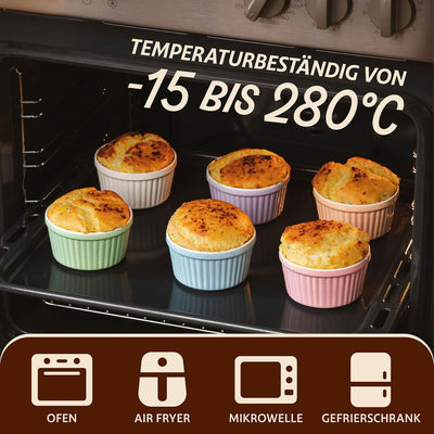 6 Souffle Förmchen aus Keramik - Backofenfest - 200 ml - 9 cm - Stapelbar - Mit Antihaftbeschichtung