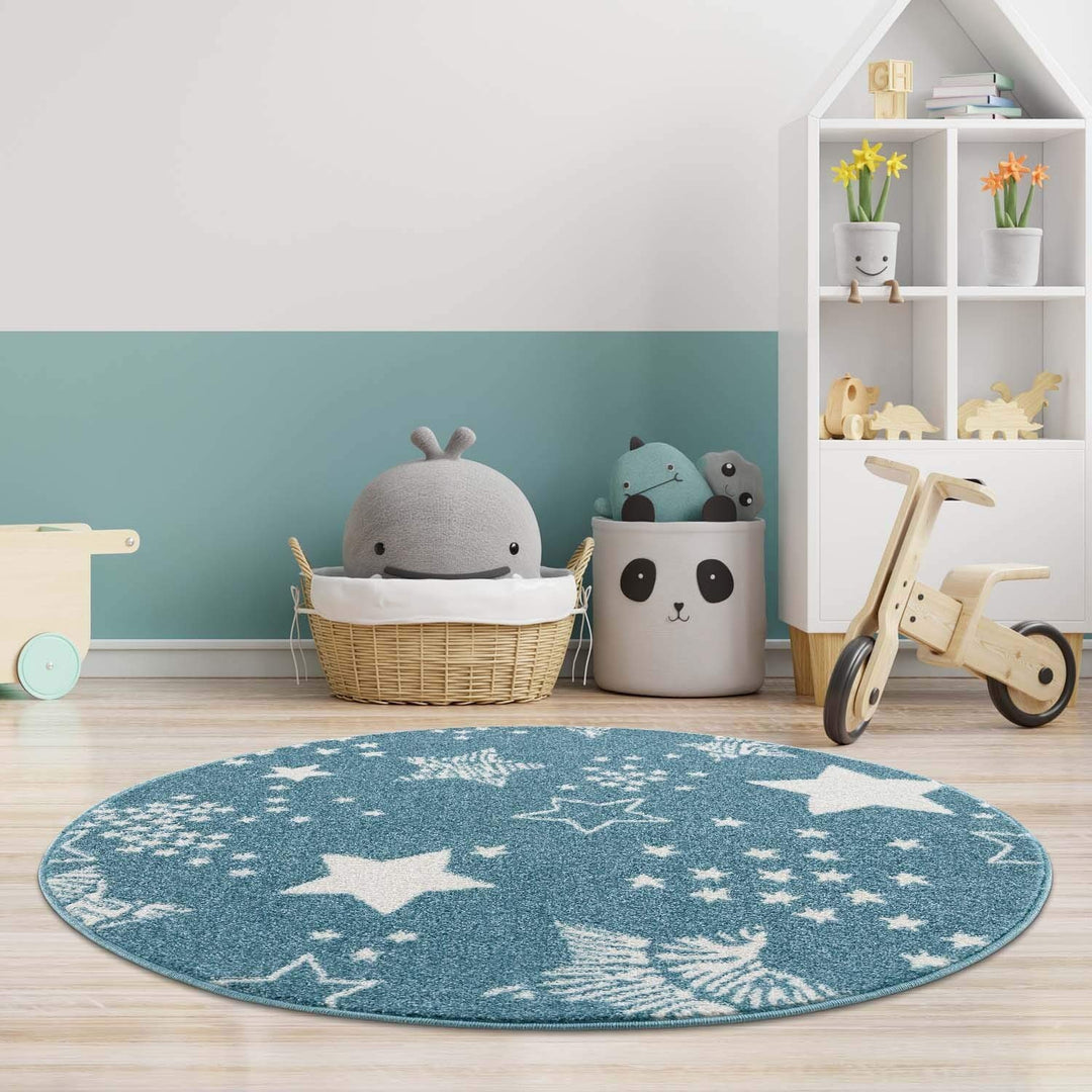 carpet city Kinderteppich - Sterne Sternen-Himmel 120 cm Rund Blau - Kinderzimmer Teppich Modern 120