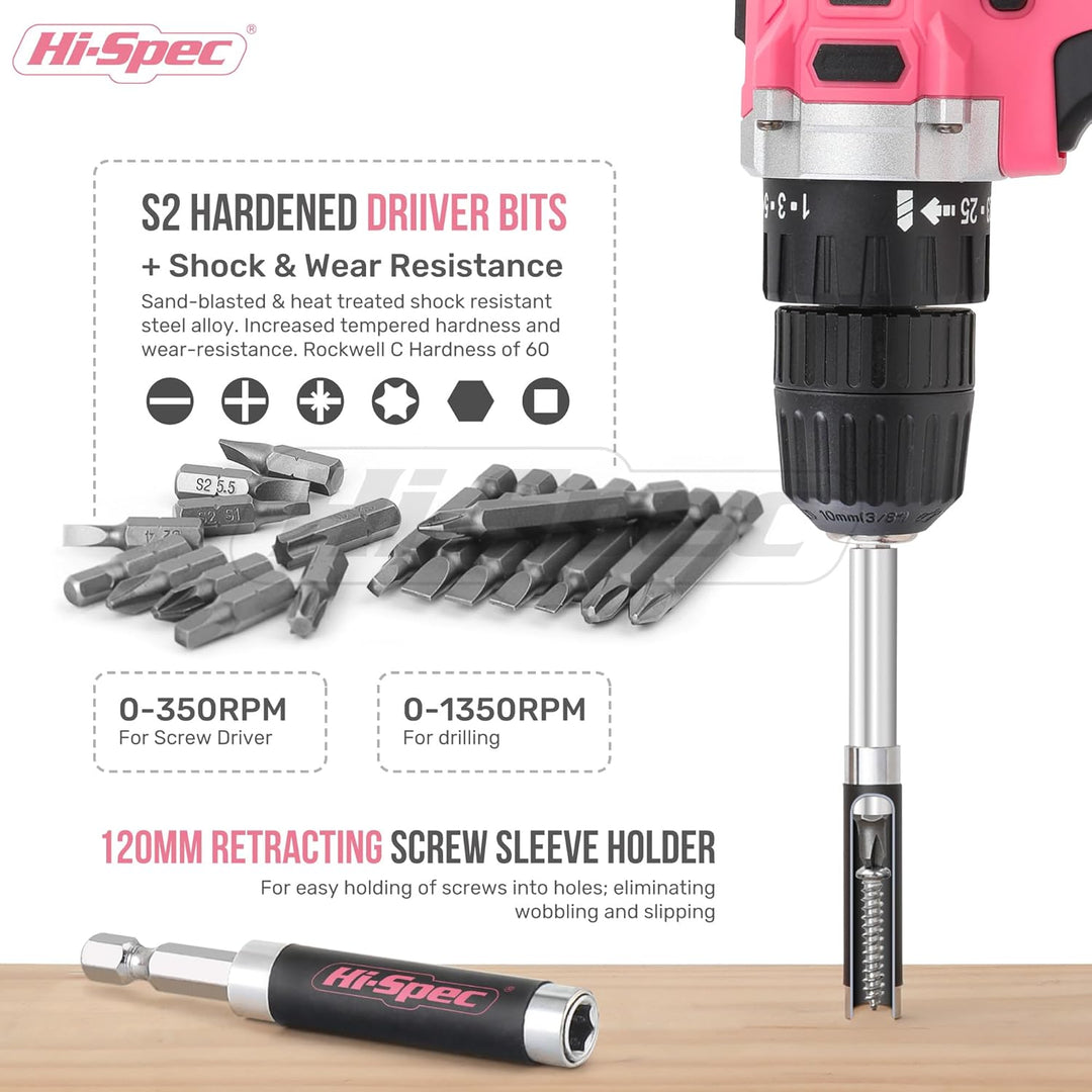 Hi-Spec 58-tlg. 18V-Akkubohrer in Pink Rosa mit S2 Bit Satz. DIY Akkuschrauber, Bohrmaschine für Met