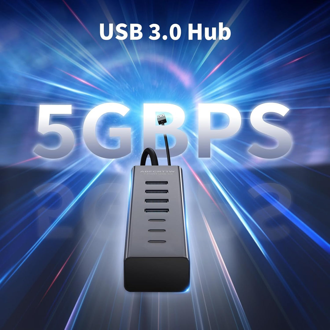 7-Port USB Hub 3.0 mit 120cm Kabel für Desktop, Aluminium USB Verteiler 5Gbps Multiport Adapter mit