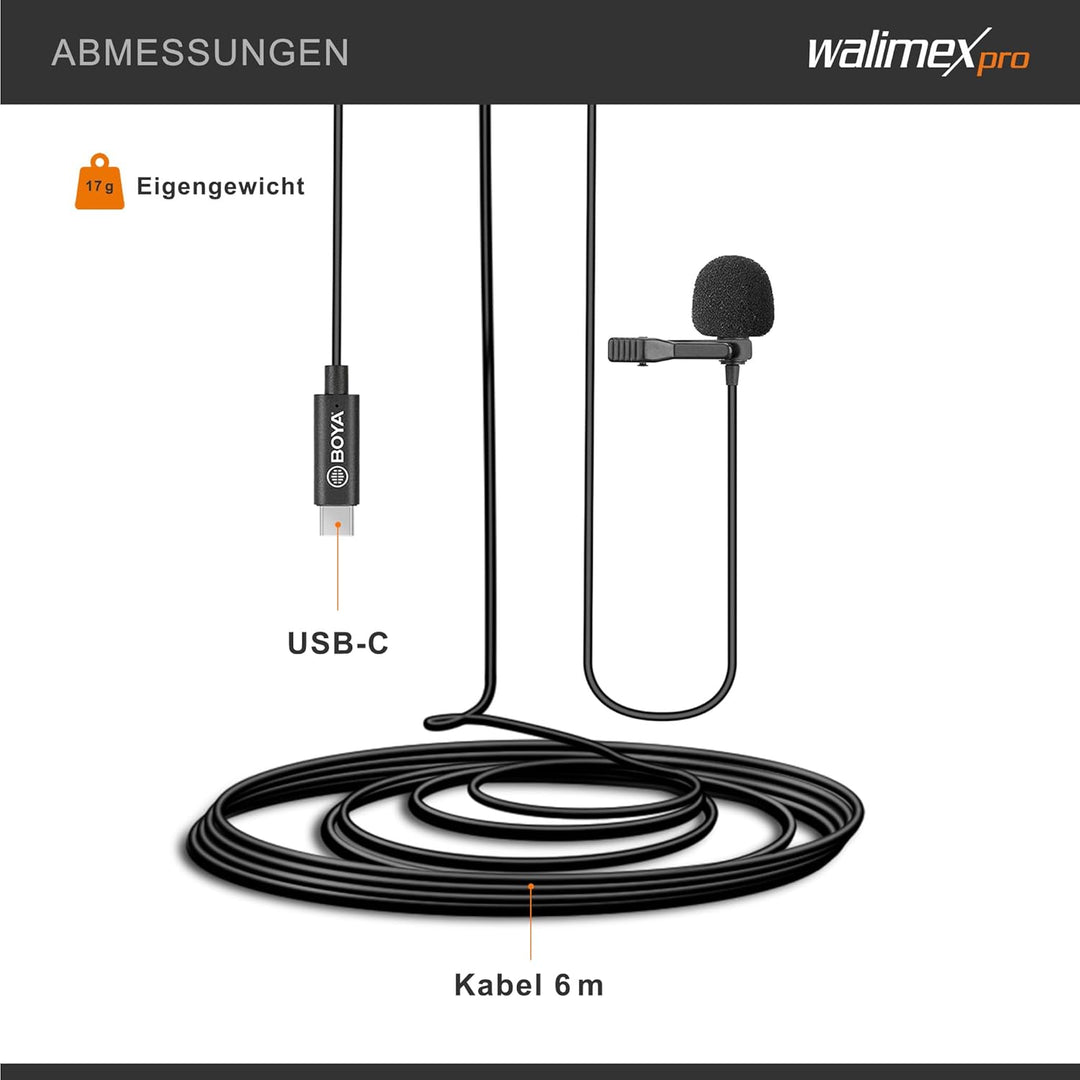 Walimex pro Boya M3 Ansteckmikrofon für USB C, leistungsstarkes Lavaliermikrofon 50 Hz-20 kHz, exter