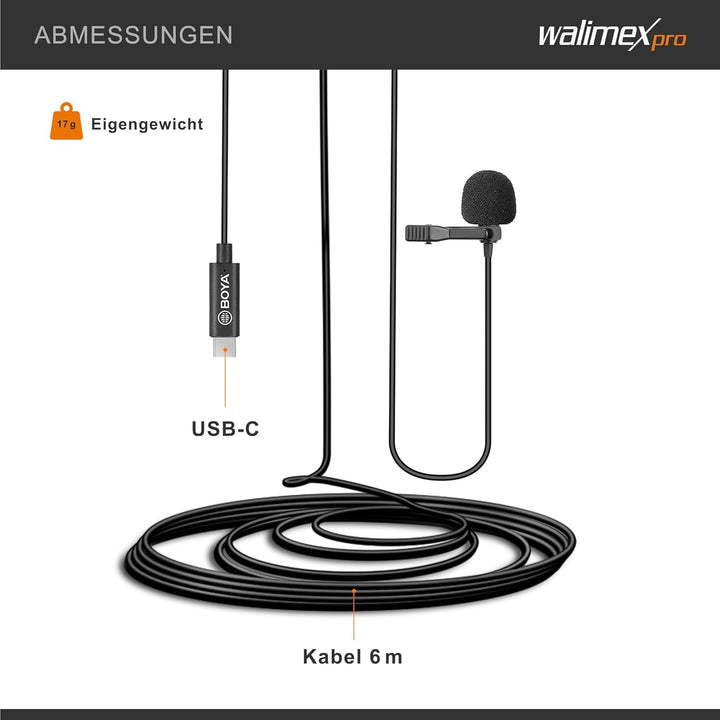 Walimex pro Boya M3 Ansteckmikrofon für USB C, leistungsstarkes Lavaliermikrofon 50 Hz-20 kHz, exter