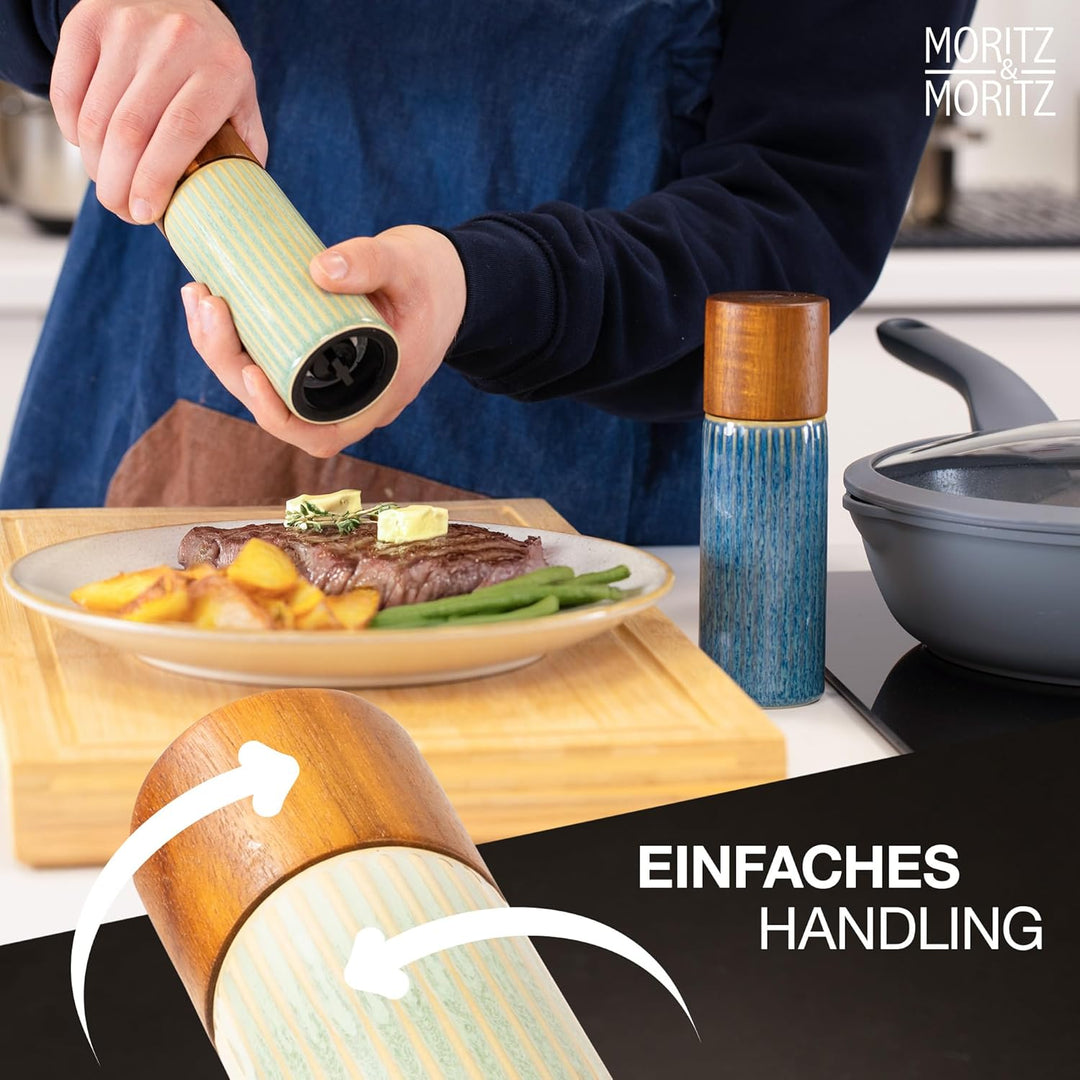 Moritz & Moritz PEPE Gewürzmühle 2er Set blau/grün - Salz und Pfeffermühle aus Steinzeug & Akazienho