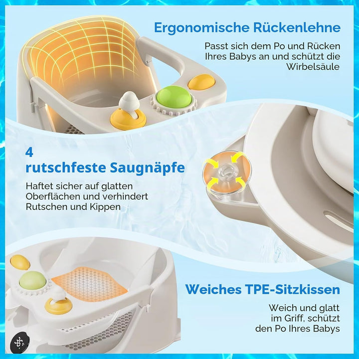 Baby Badewannensitz mit Echtzeit Temperaturüberwachung - Tragbarer Baby Bath Seat mit 4 Rutschfesten