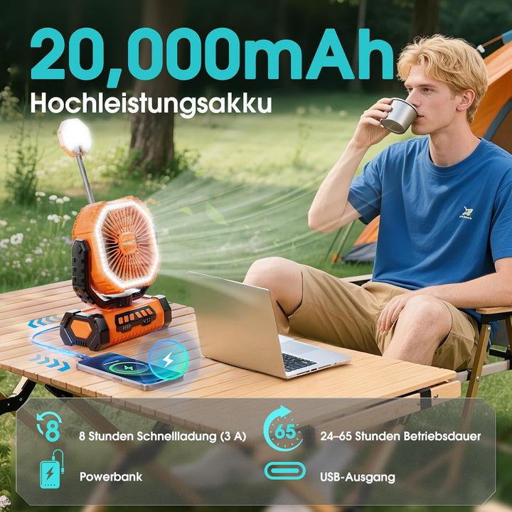 Camping Ventilator 20000mAh, Wiederaufladbarer Tischventilator USB Ventilator mit LED Licht &amp; Haken,