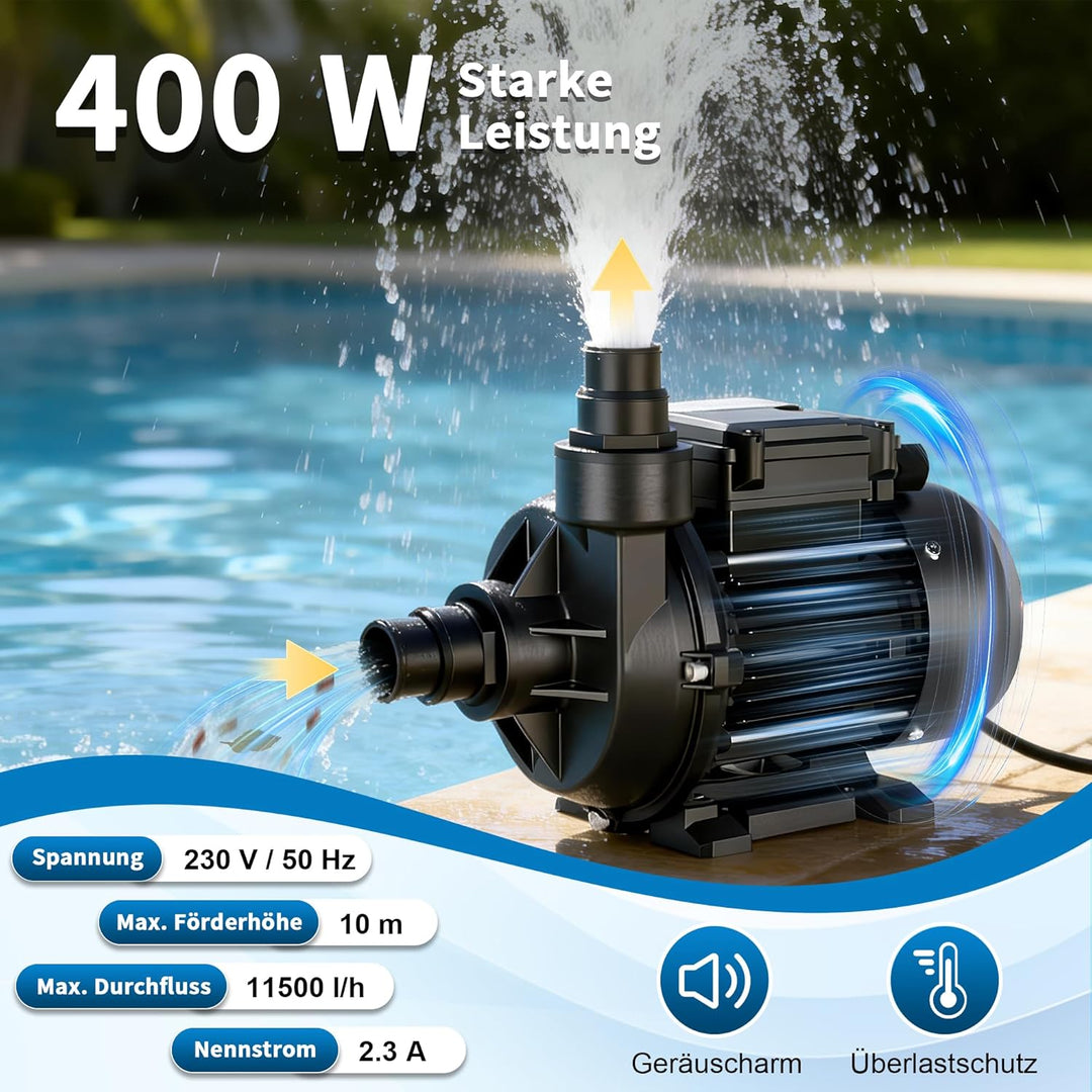 FOTING Poolpumpe 11.500 l/h, max. 10 m Förderhöhe, Schwimmbadpumpe für Swimmingpool &amp; Pool Garten -