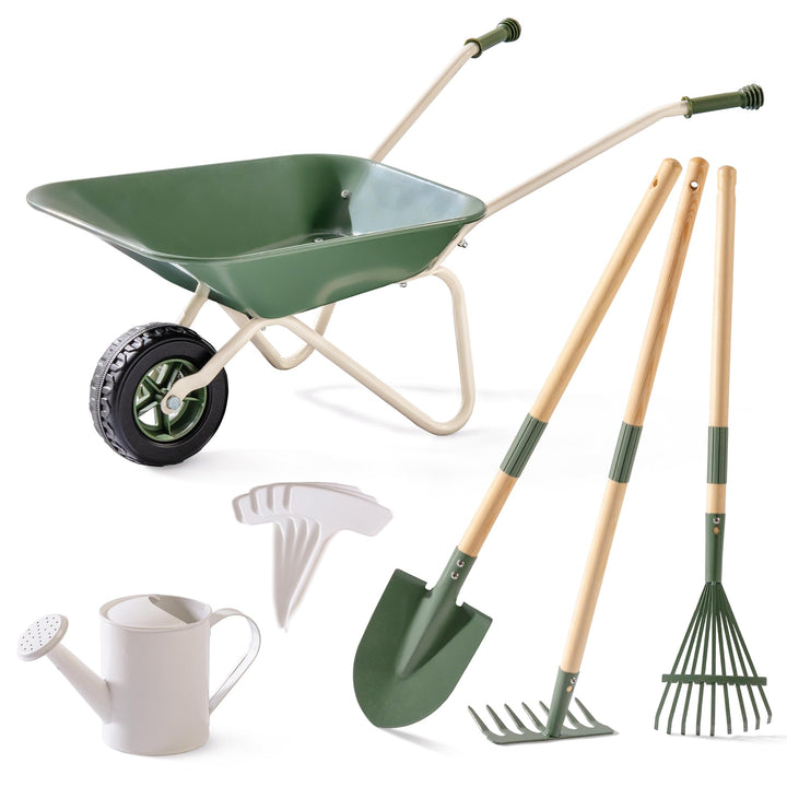 ROBUD Kinder Schubkarre Metall mit Kinder Gartenwerkzeug Set, Schubkarre mit Langer Schaufel, Hacke,