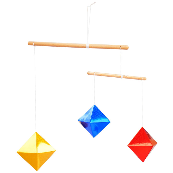 Geometrisches Oktaeder in verschiedenen Grössen Mobile, Montessori-Mobile, Gelb Blau Rot, Holzstab,