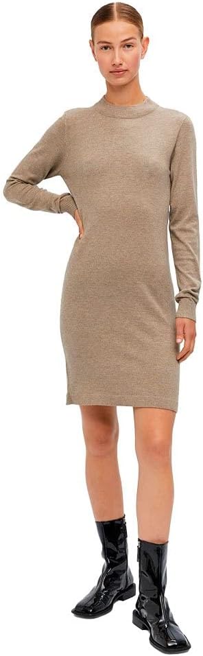 Object Damen Objthess L/S Knit Dress Noos Strickkleid L Fossil/Detail:melange, L Fossil/Detail:melan