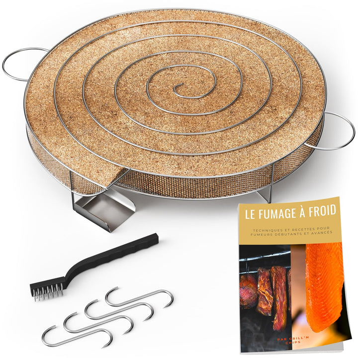 Kaltrauchgenerator (30 cm) /Räucherschnecke für Räucherofen Fleisch und Fisch + 4 Fleischerhaken und
