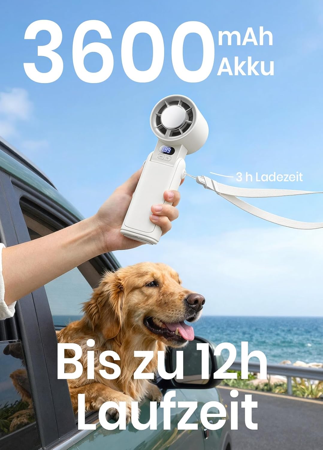 Handventilator Akku aufladbar mit LED-Display & Clip, 1-199 Stufen, 3-in-1 Ventilator für Hand, Nack
