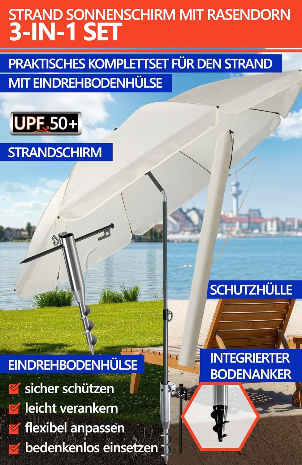 4smile Sonnenschirm Strand Set 3-in-1, Ø 180 cm Strandschirm Windfest Stabil mit Schirmhülle & Eindr