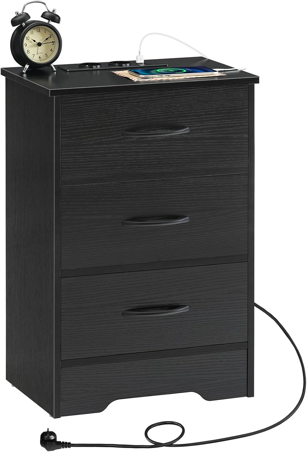 HOOBRO Nachttisch mit Ladestation, schmaler Beistelltisch mit 3 Schubladen, Sofatisch, mit 2 Steckdo