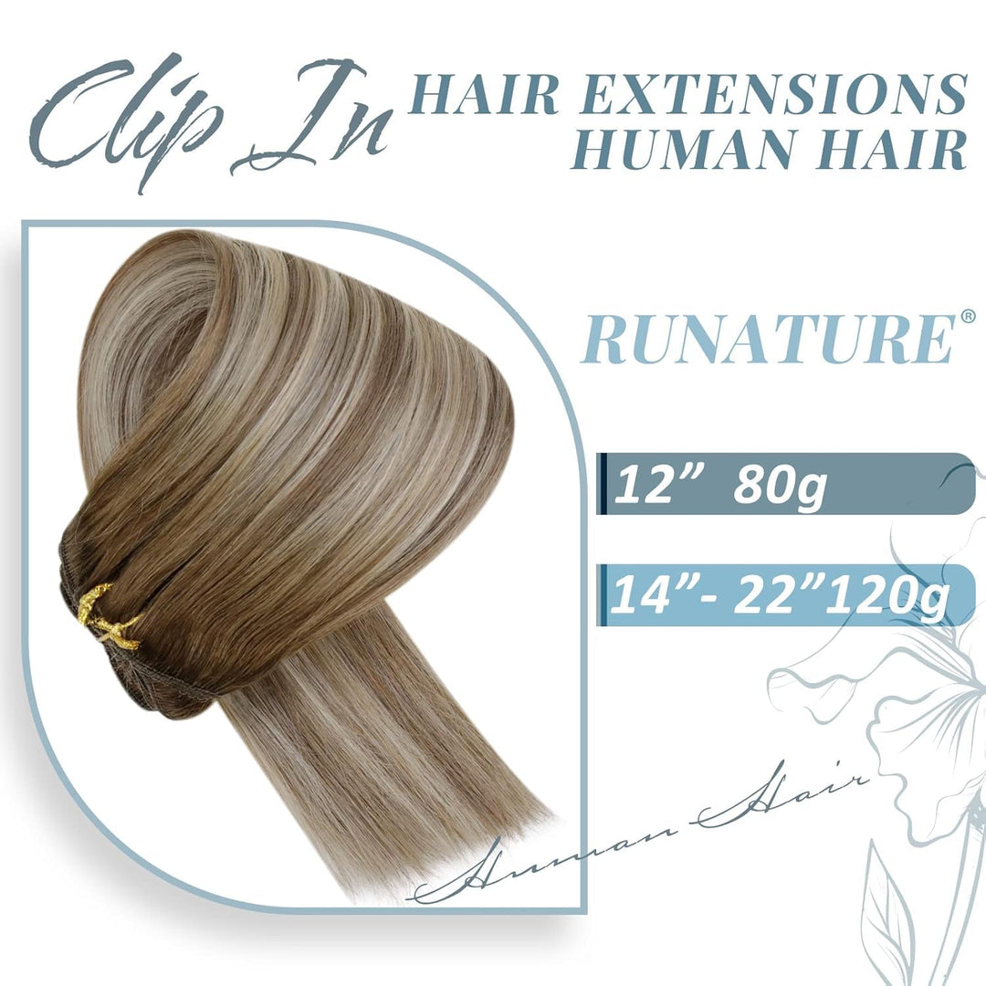 RUNATURE Clip in Echthaar Extensions Balayage Dunkelbraun bis Braun mit Blond Clip in Extensions Ech
