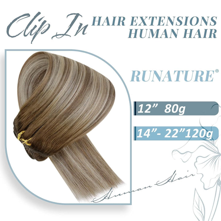 RUNATURE Clip in Echthaar Extensions Balayage Dunkelbraun bis Braun mit Blond Clip in Extensions Ech