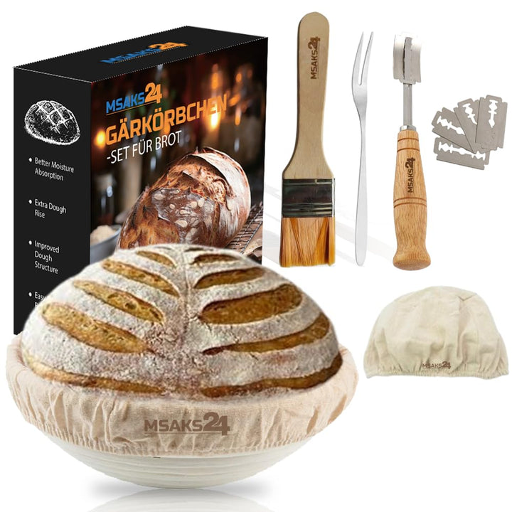 Premium Gärkörbchen Set für Perfektes Brotbacken – Inklusive Rundes Brotkorb Gärkorb 23cm aus Rattan