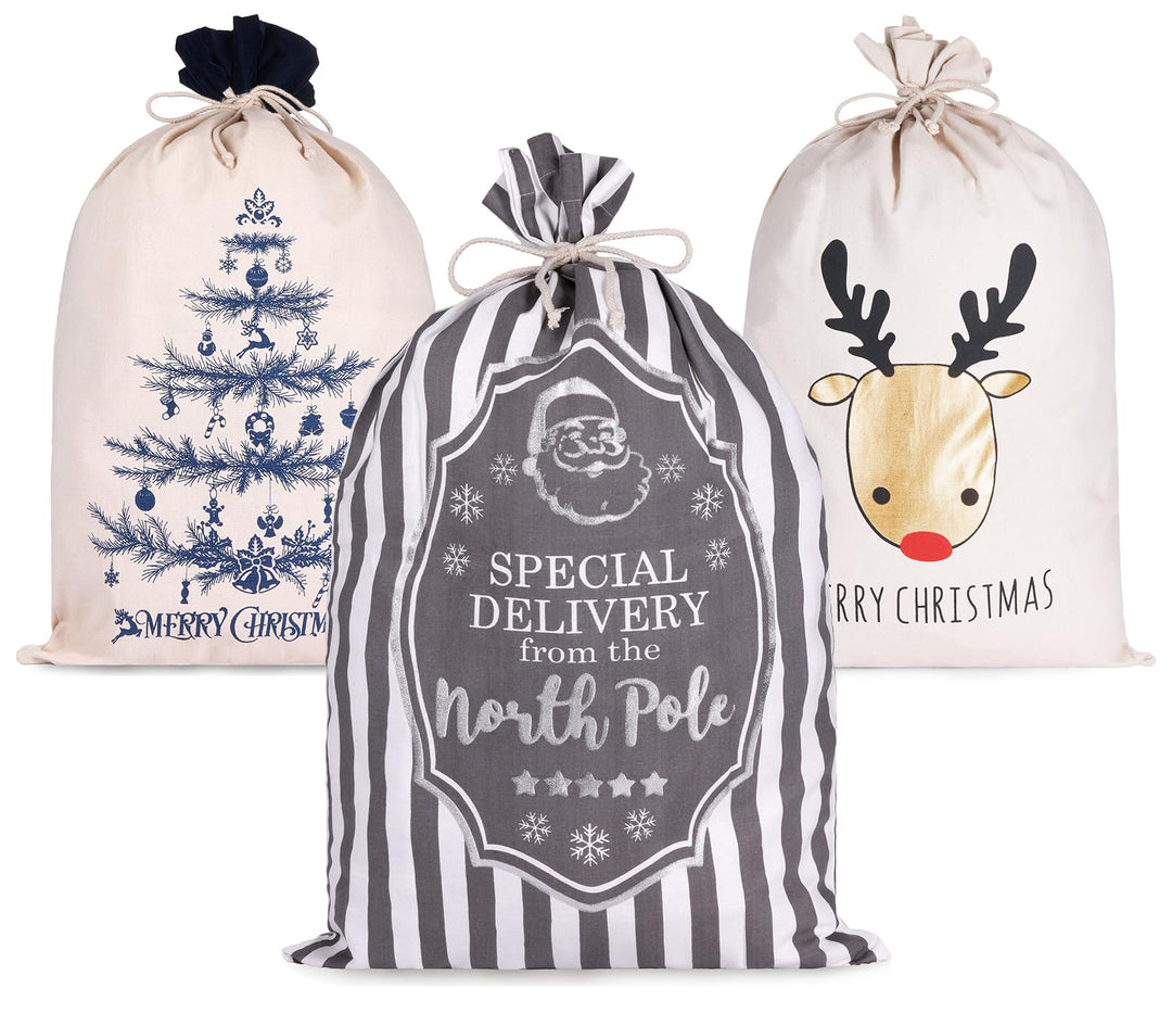 BRUBAKER 3er Set Weihnachtssack - 80 cm Geschenksack mit weihnachtlichen Motiven - Nikolausbeutel zu