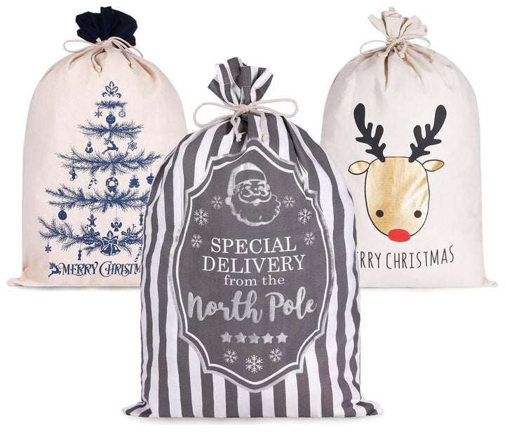 BRUBAKER 3er Set Weihnachtssack - 80 cm Geschenksack mit weihnachtlichen Motiven - Nikolausbeutel zu