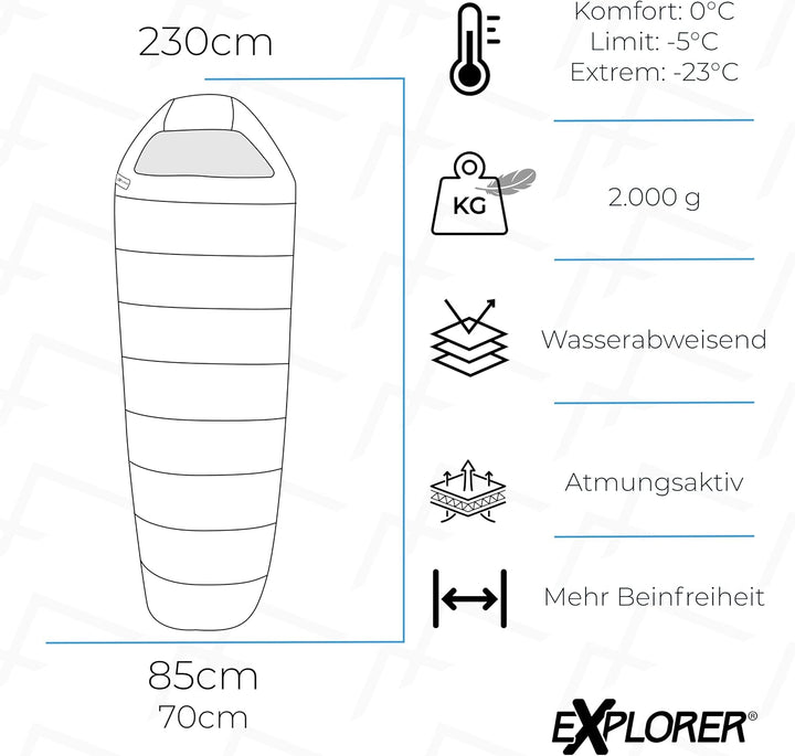 EXPLORER® Comfort XL Schlafsack -23°C -5°C [350GSM] 3-4 Jahreszeiten Winter Mumienschlafsack für Erw