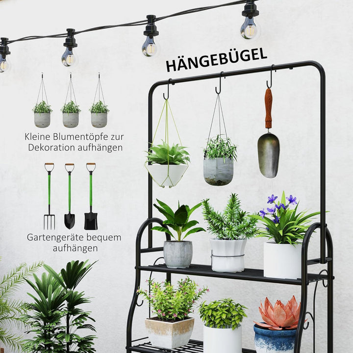 Outsunny 3-Etagen Pflanzenständer mit Hängestange, Haken, Blumenständer für Innen, Pflanzenregal aus