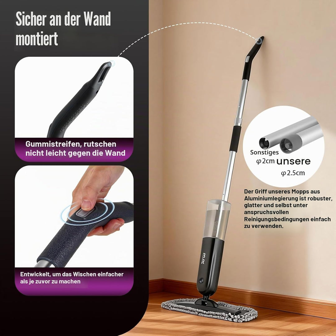 Elektrischer Sprühwischer Bodenreiniger Starter Set mit 2 Reinigungspads, 700ml Flasche & Schaber, 3