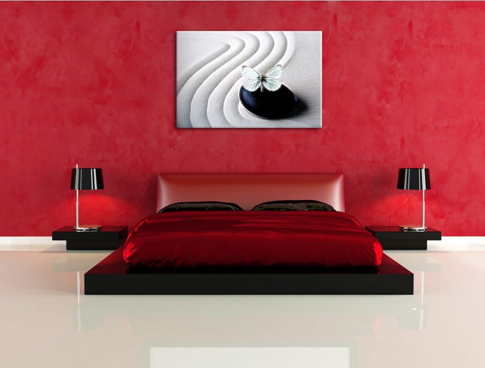 Schmetterling auf Zen Stein im Sand Deluxe Format: 100x70 cm auf Leinwand, XXL riesige Bilder fertig