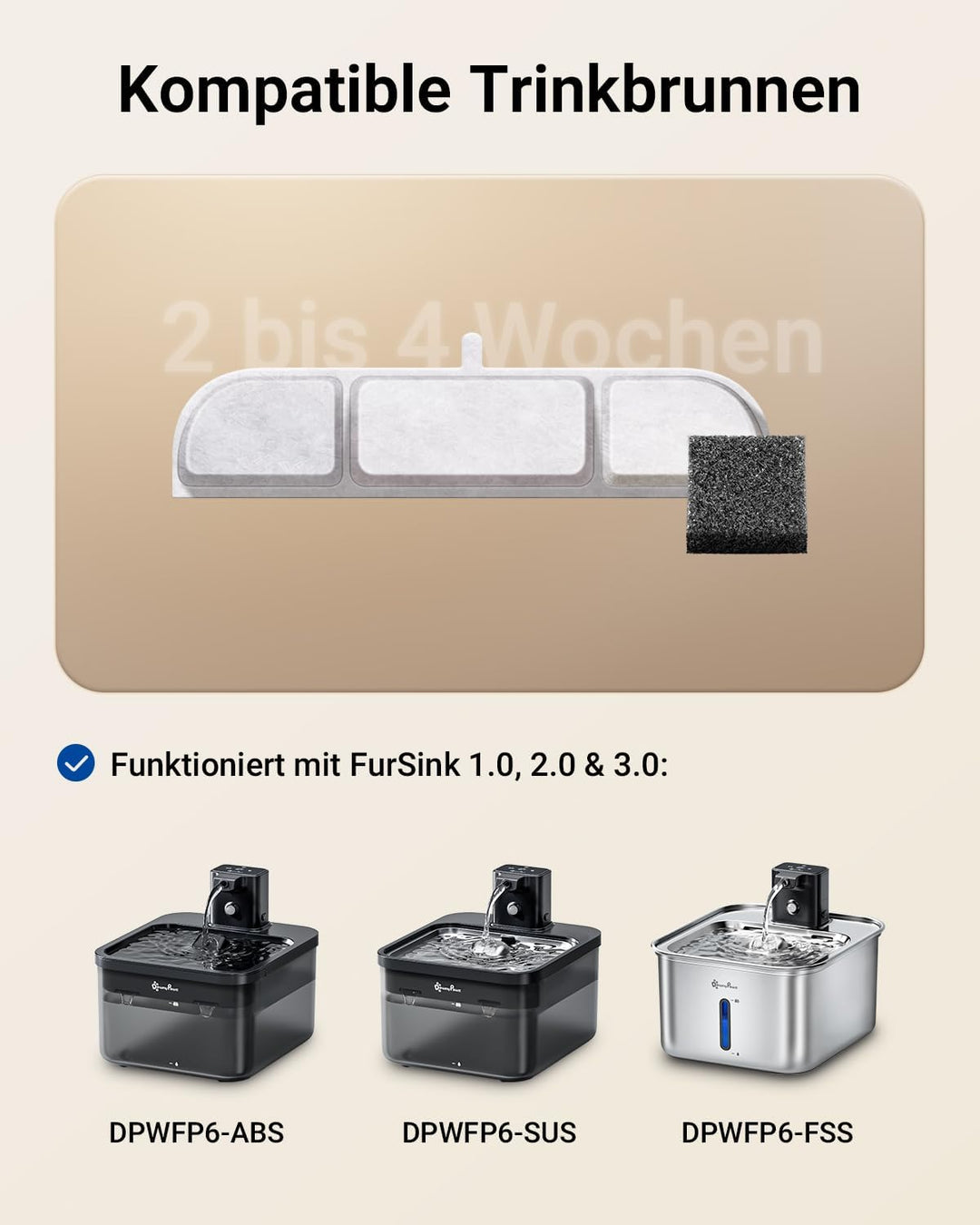 DownyPaws Trinkbrunnen für Katze kabellos Filter 6 STK Für DPWFP6 mit Reinigungsschwamm und -bürste