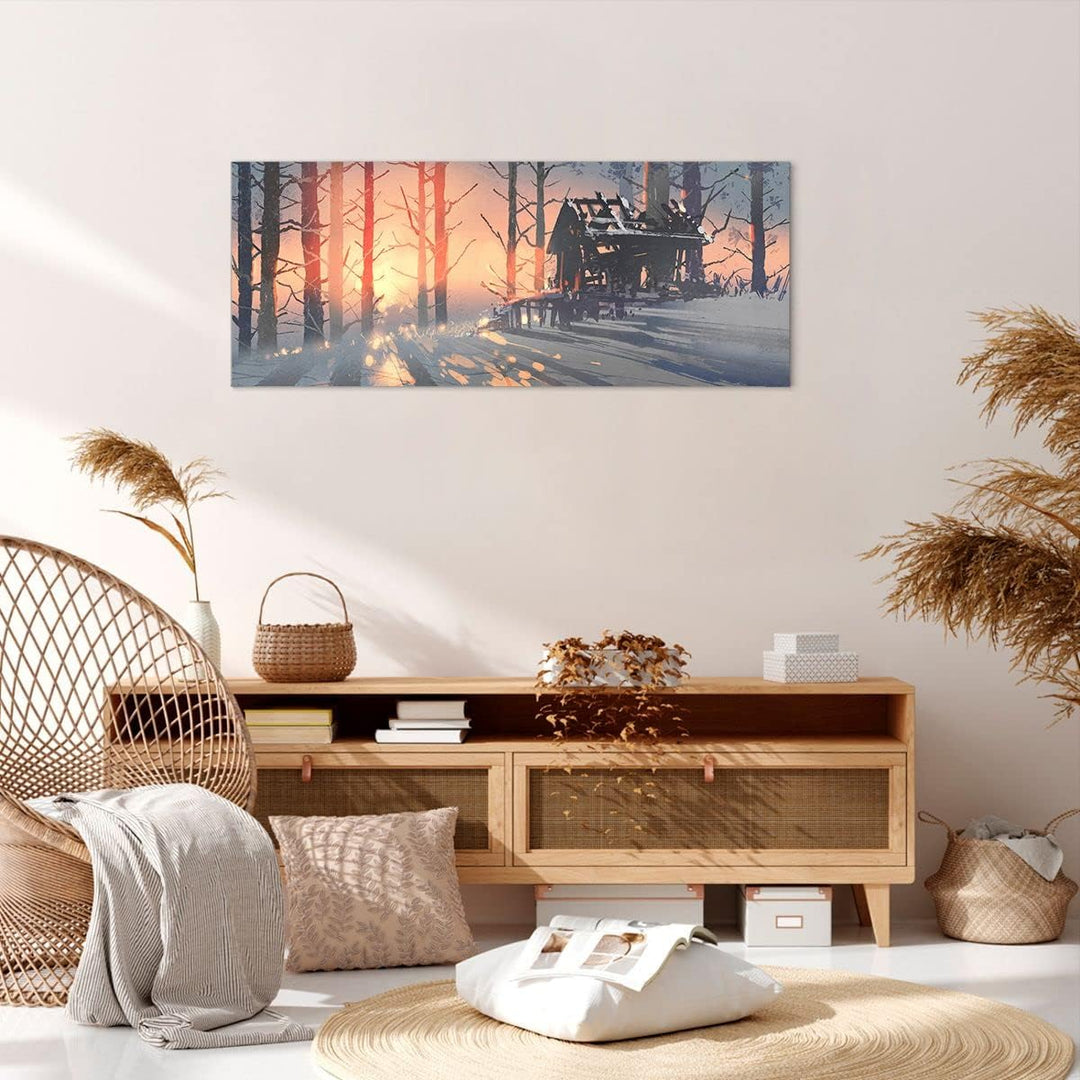 Wandbilder Dekoration Wohnzimmer Winter Wald Hütte Panorama Bilder auf Leinwand 120x50cm Leinwandbil