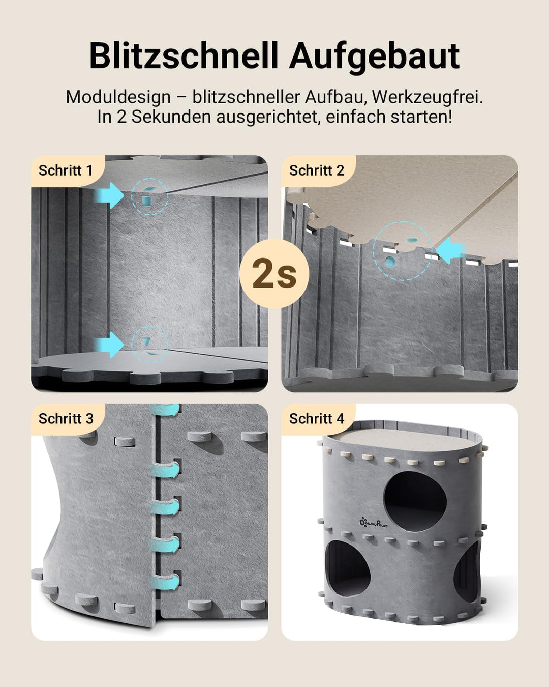 DownyPaws Katzenhöhle aus Filz, 2-stöckige Katzenbett, 50 x 33 x 50 cm Schloss Katzenhaus zum Spiele
