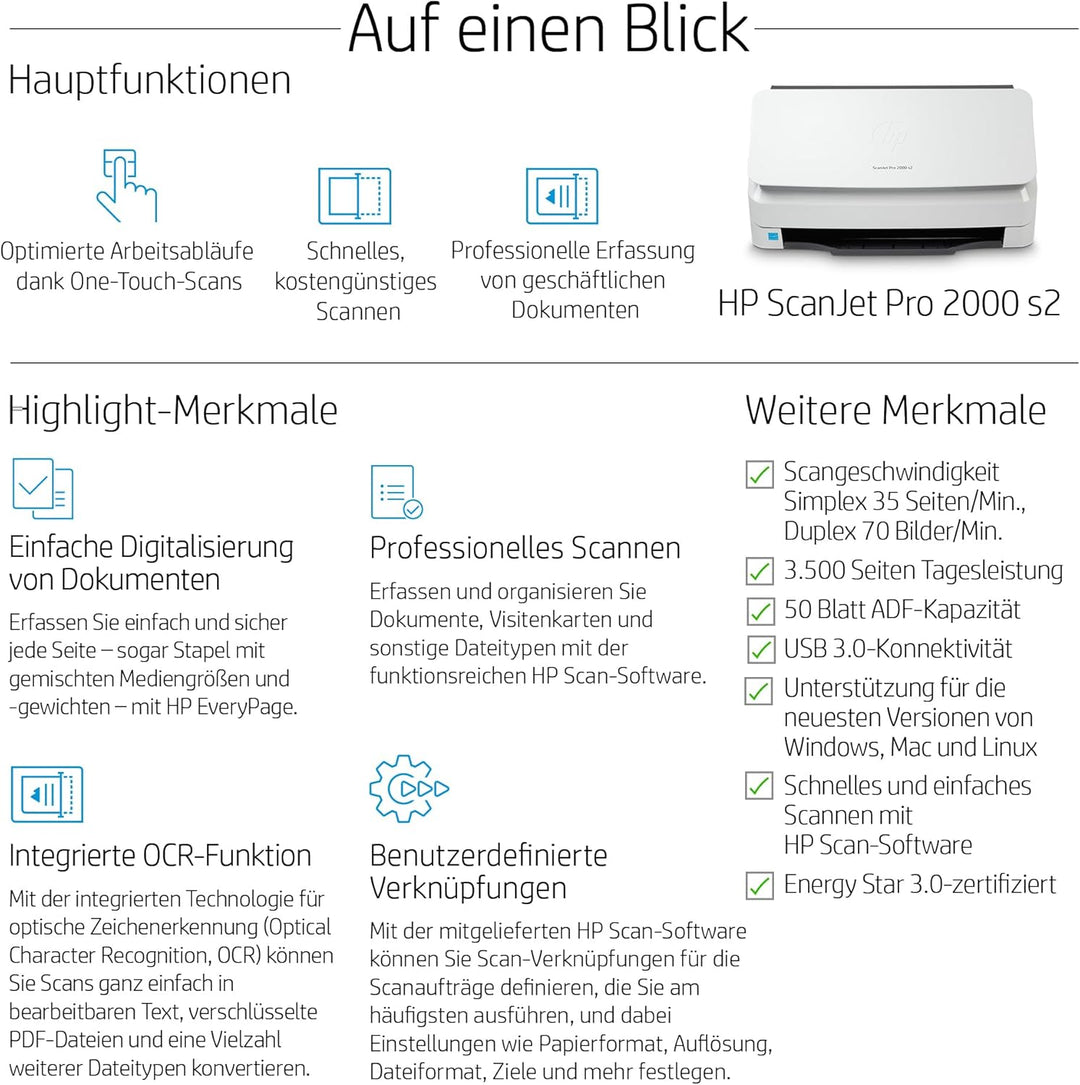HP ScanJet Pro 2000 s2, Scanner, Einzelblattzufuhr, 50-Blatt ADF, USB 3.0, bis zu 3.500 Seiten tägli