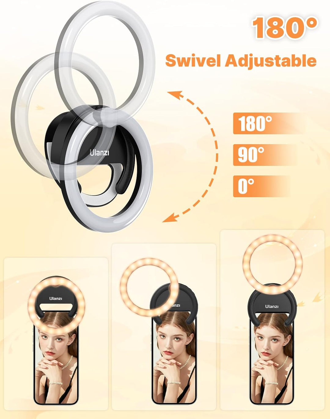 Ringlicht Handy ULANZI 4" Selfie Licht Handy, 3 Farbtemperaturen 3000K-7000K, Ringleuchte 5 Helligke