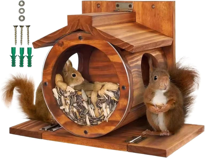 Futterstation für Eichhörnchen Haus aus Holz, Futterbox mit Belüftungslöchern | wasserdichte Box für