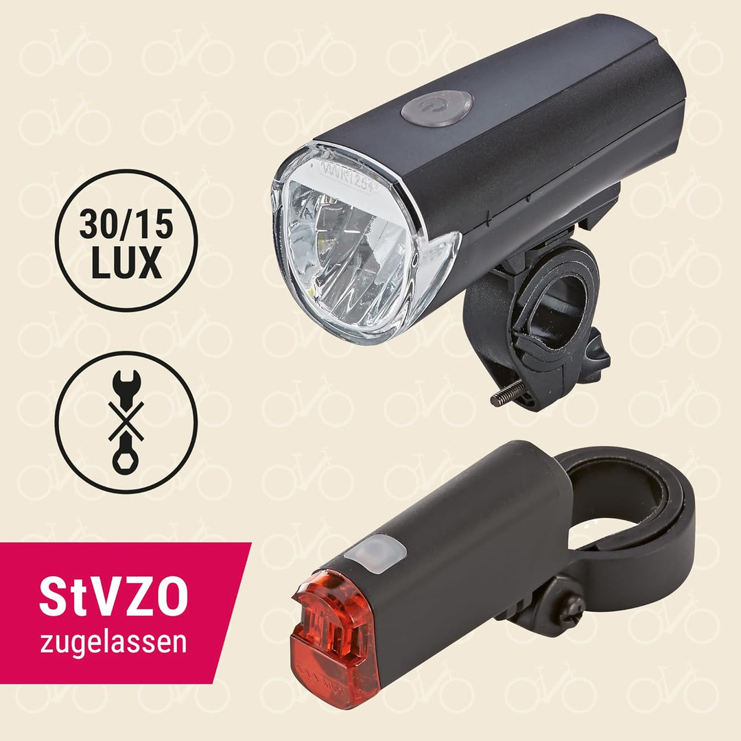 Prophete LED Batterieleuchten Set Fahrradbeleuchtung vorne und hinten, 30/15 Lux umschaltbar StVZO z
